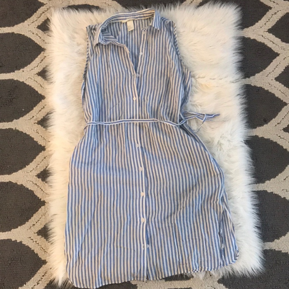 H&M Blue and White Striped Midi Shirt Dress